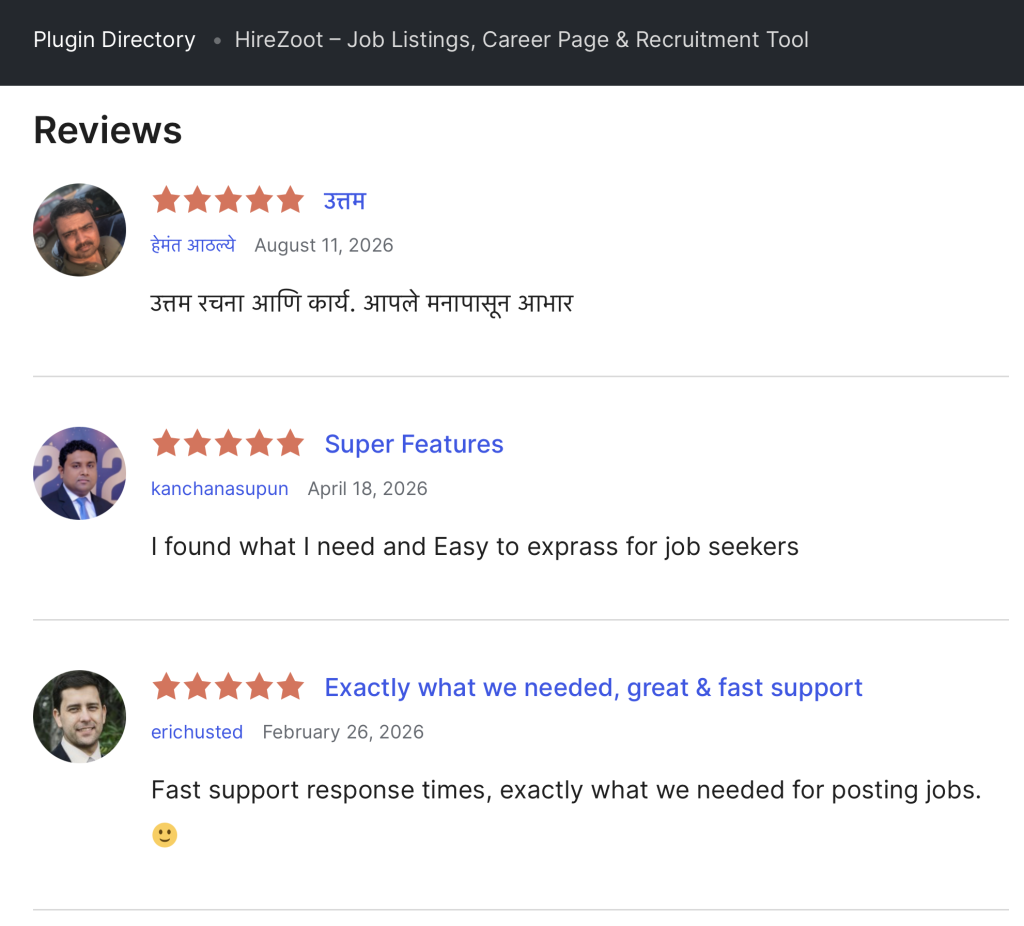 5-Star reviews about HireZoot plugin from the WordPress Repository.